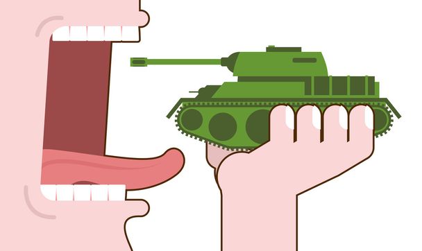 Menschenfressende Panzer. Zerstörung von Militärtransporten. Mund auf - Vektor, Bild