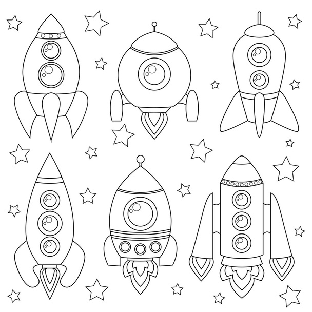 Cartoon spaceship. Black and white illustration for coloring book - Vector, Imagen