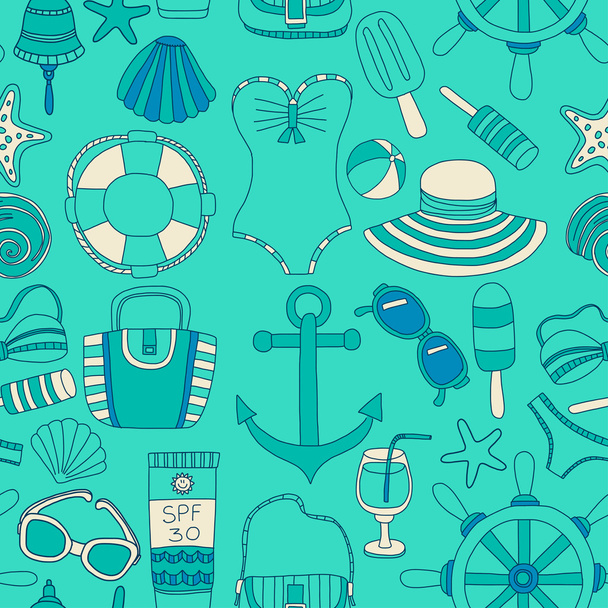Big set with doodle images about beach fashion and travel - Vektor, Bild