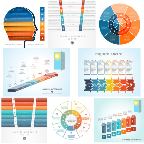 Infographics készlet 8 sablonok, diagram hét lépés - Vektor, kép