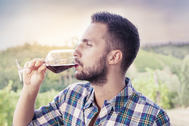 handsome bearded man drinking red wine from glass - Foto, Imagem