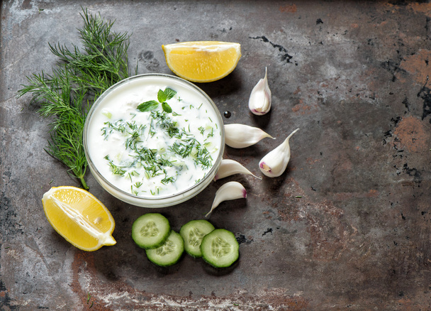 Tzatziki sauce Fresh dip with herbs dill mint Food - Zdjęcie, obraz