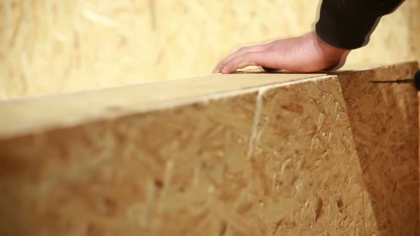 Carpenter screw screwdriver spin into a sheet of plywood. - Filmagem, Vídeo