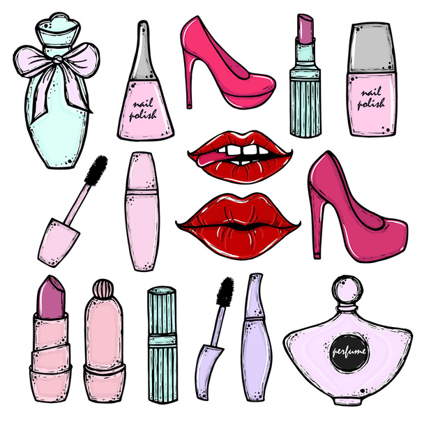 Kézzel rajzolt kozmetikumok és divat alkotó objektumok: rúzs, mascara, parfüm, körömlakk, cipő.  - Vektor, kép