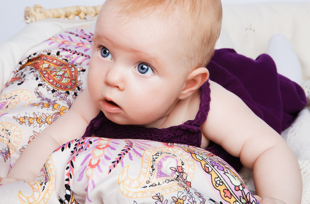 Fashion baby girl lying on a beautiful fabric in the basket and - Фото, изображение