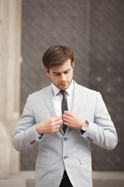 Young stylish businessman adjusting his suit, neck tie - 写真・画像