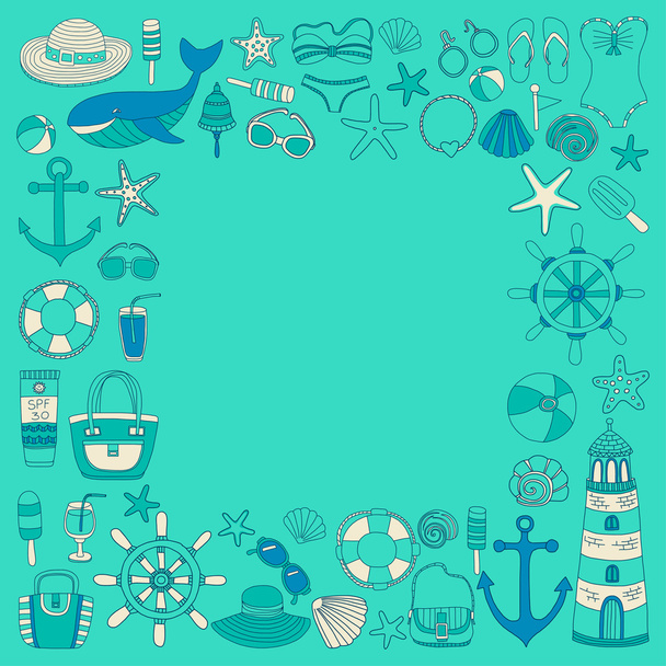 Big set with doodle images about beach fashion and travel - Vector, Image