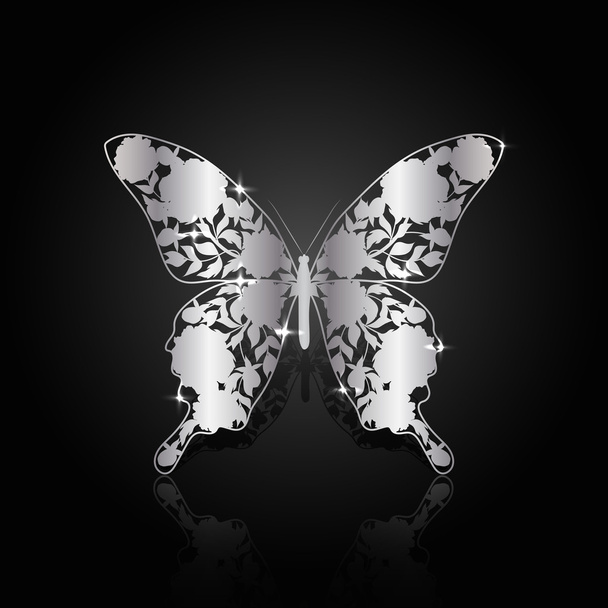 Silver abstract butterfly on black background - Vektör, Görsel