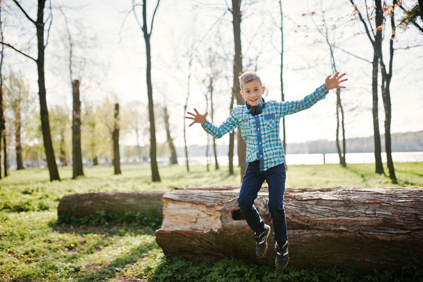 Little fun boy jump froom tree stump at park - Фото, зображення
