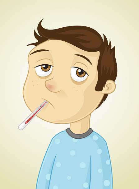 illustratie van een zieke jongen met een thermometer. - Vector, afbeelding