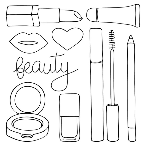 Cosmetics or make up set. Hand-drawn cartoon collection of cosmetic products - lip gloss, lipstick, mascara, pencil, cushion, lips, nail polish. Doodle drawing. Vector illustration. - Vector, Image