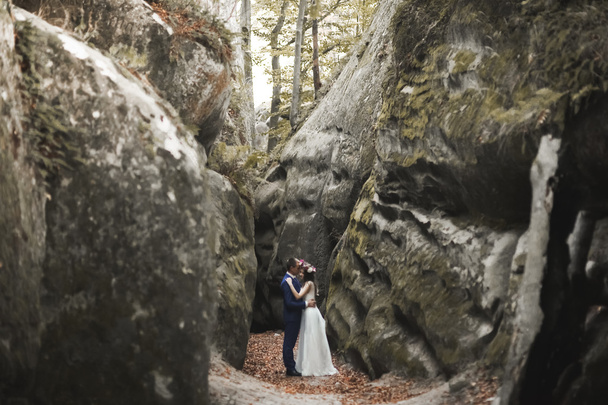 Gorgeous wedding couple kissing and hugging near the cliffs with stunning views - Valokuva, kuva