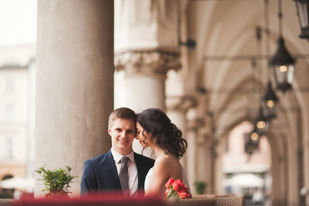 Wedding couple, man, girl sitting in cafe smiling and kissing - Foto, immagini