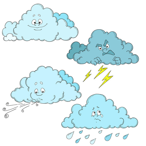 Nubes personajes de dibujos animados. Conjunto de nubes. Clima
. - Vector, Imagen