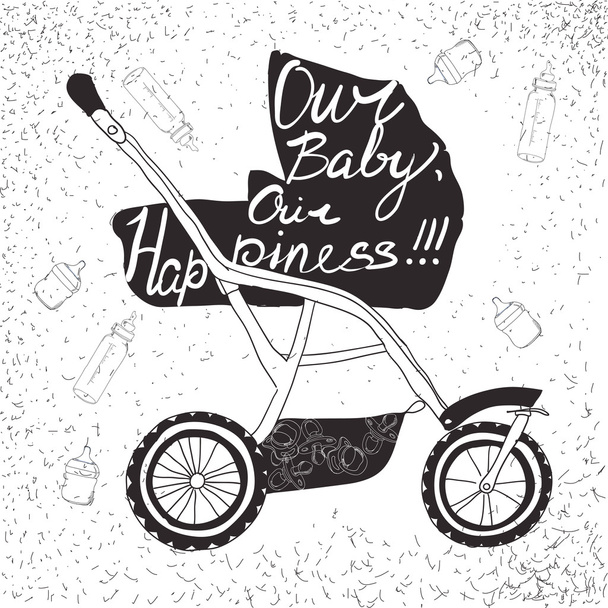 stroller with lettering. Our baby, our happiness, Calligraphic - Vektor, obrázek