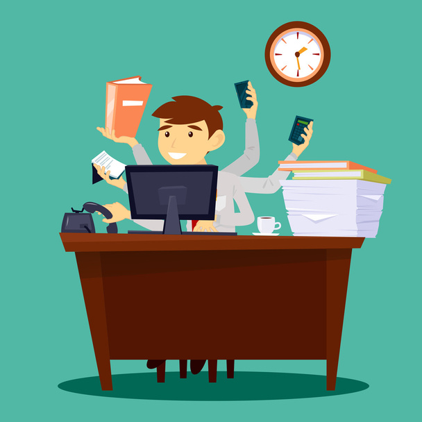 Multitasking Businessman. Man at Work in Office. Successful Businessman. Vector illustration - Vector, Image