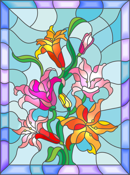 Ilustrace v vitráže stylu s květy, pupeny a listy Lily - Vektor, obrázek