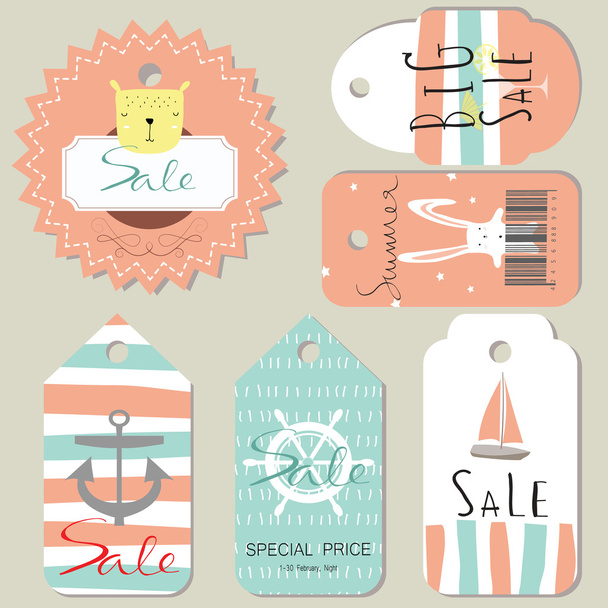 Light pink blue tag sale on summer with bear and rabbit - Вектор, зображення