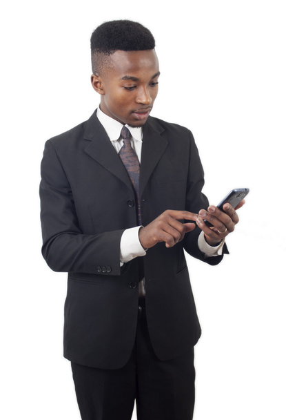 hombre de negocios mensajes de texto de teléfono celular sobre fondo blanco
 - Foto, Imagen