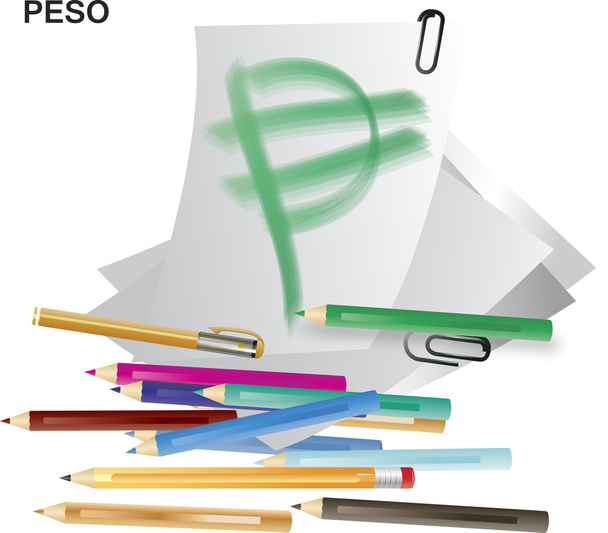 vector image of color pencils with peso sign on note - Διάνυσμα, εικόνα