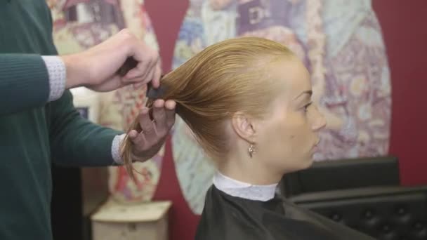 Profesjonalny salon fryzjerski grzebień mokre włosy blond dziewczynka w salon piękności. Przygotowanie do fryzjera - Materiał filmowy, wideo