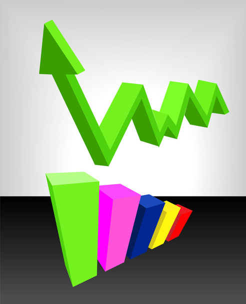 groene pijl omhoog te bewegen over de vector staafdiagram - Vector, afbeelding