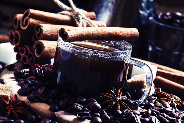 Espresso, coffee maker, spilled coffee beans, spices, sugar - Foto, afbeelding