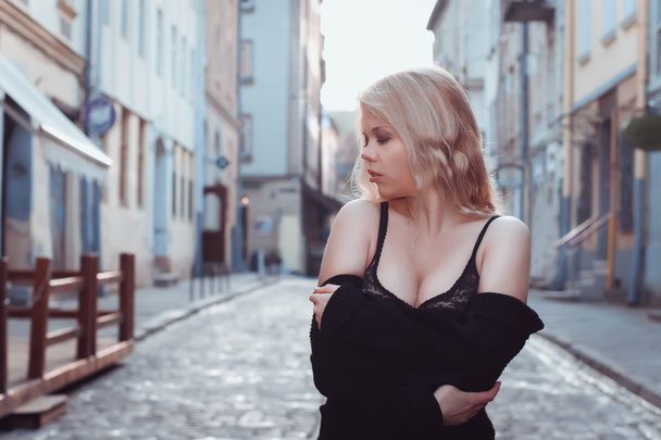 Blonde woman in lingerie at the street - Foto, afbeelding