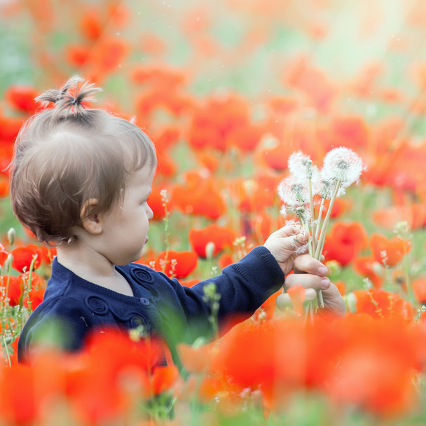 Funny child holding a balloon outdoor at poppy field - Valokuva, kuva