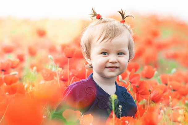 Funny child holding a balloon outdoor at poppy field - 写真・画像