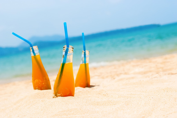 drei Orangensaftflaschen Meer Hintergrund Sommer - Foto, Bild