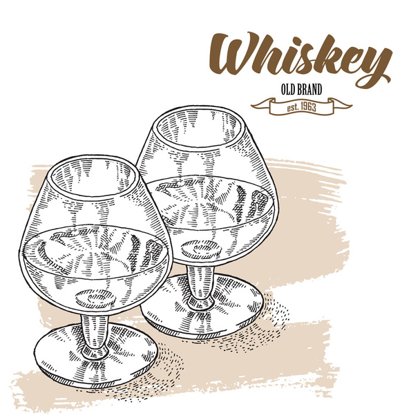 Bebida de whisky. Dibujado a mano dos vasos de whisky. Estilo de grabado
 - Vector, Imagen