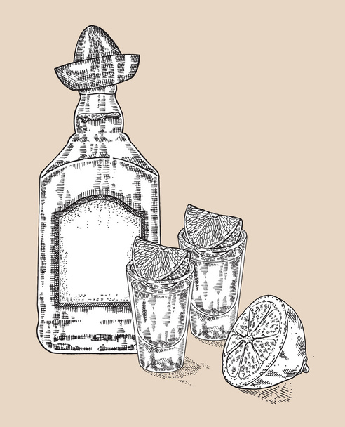 テキーラドリンクのボトル。手描きのテキーラのグラス2枚。刻ま れた - ベクター画像