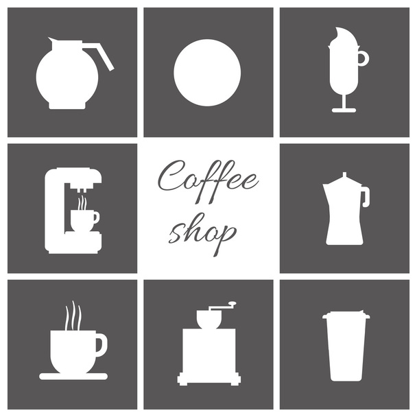 Joukko valkoisia kahvia kohteita, kuppi kahvia höyry, kahvinkeitin, mylly, lasi, kannu, purkki, jossa kahvila kirjoitus, ääriviivat, yli hopea tausta, digitaalinen vektori kuva
 - Vektori, kuva