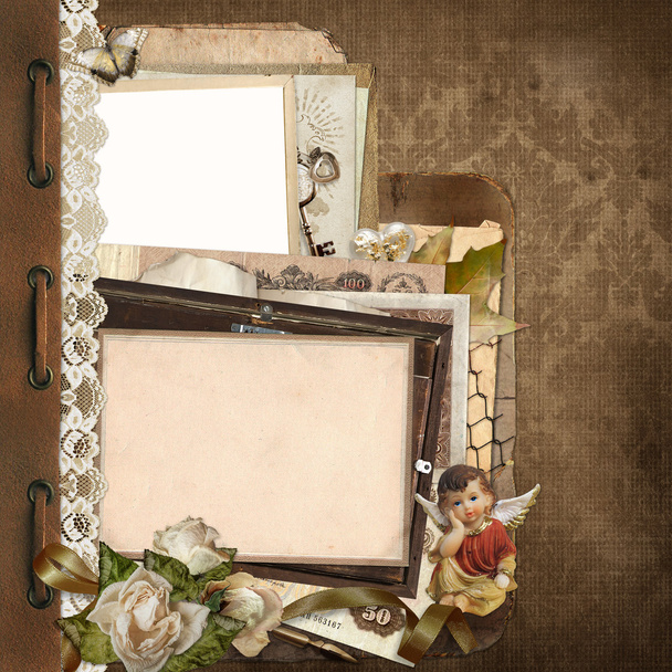 Old vintage background with lace, old documents, money, photo frames, angel - Photo, image