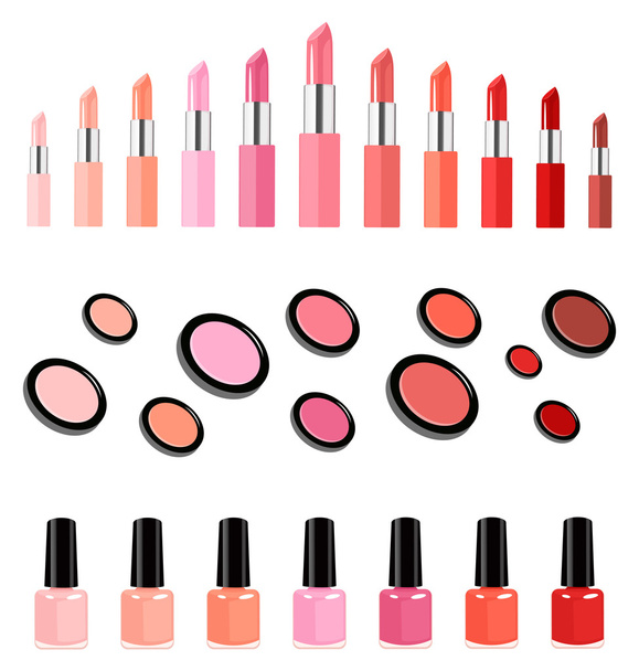 Collection of lipsticks, face powders and nail varnish in matching colors - Vektori, kuva