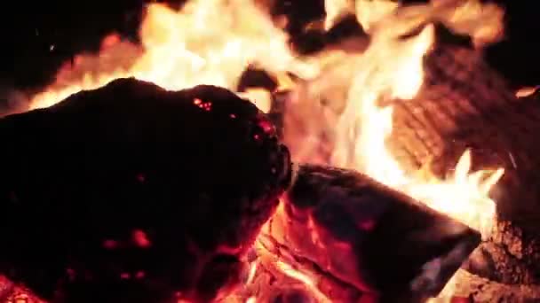 Κούτσουρα ξύλου σε εξωτερική πυρκαγιά στρατόπεδων στο σκοτάδι μαύρο φόντο με εκτοξεύσεις της φλόγας σε κοντινό πλάνο - Πλάνα, βίντεο