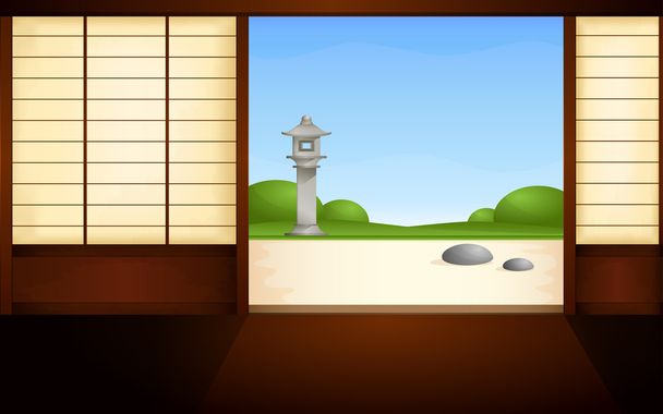 Illustration of a Japanese house with sliding doors and a view into garden - Vektori, kuva