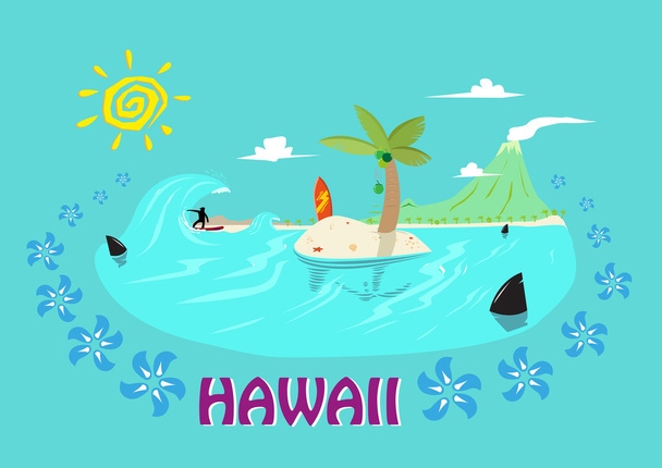 Hawaii Islands and Surfing Concept. Editable Clip Art. - Вектор, зображення
