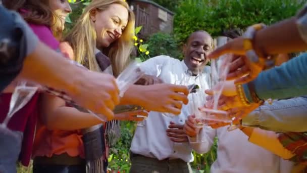 Ein Mann schenkt Champagner für die Gruppe ein - Filmmaterial, Video