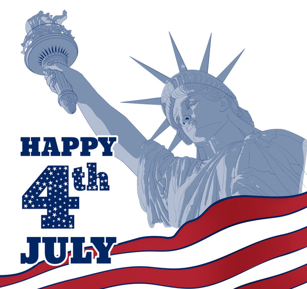Freiheitsstatue mit amerikanischer Flagge vorne. Entwurf für viertes Julifest in den USA amerikanisches Symbol. - Vektor, Bild