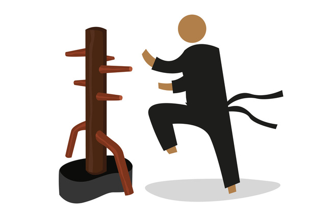 Homme attaque un mannequin en bois utilisé dans l'entraînement personnel par l'artiste martial. Clip Art modifiable
. - Vecteur, image