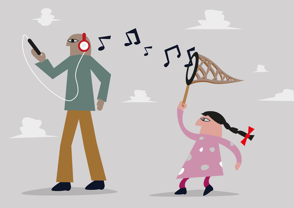 Millennial and Generation Gap concept. Girl catches notes from music headphone. Editable Clip Art. - Vektor, obrázek