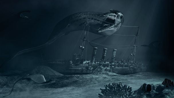 Monstruo marino y barco hundido
 - Foto, imagen