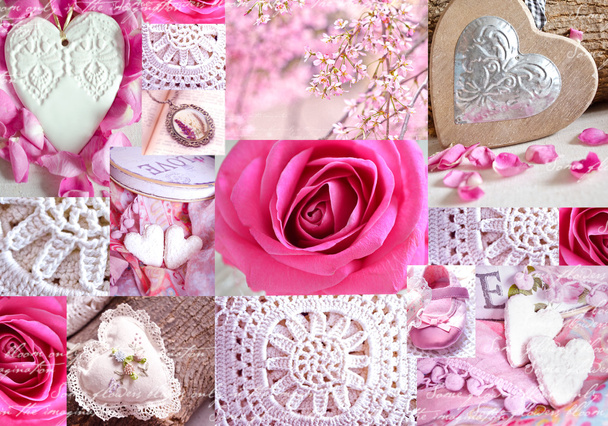Interesante collage con elementos de punto, arreglos florales, corazones y rosas
.  - Foto, Imagen