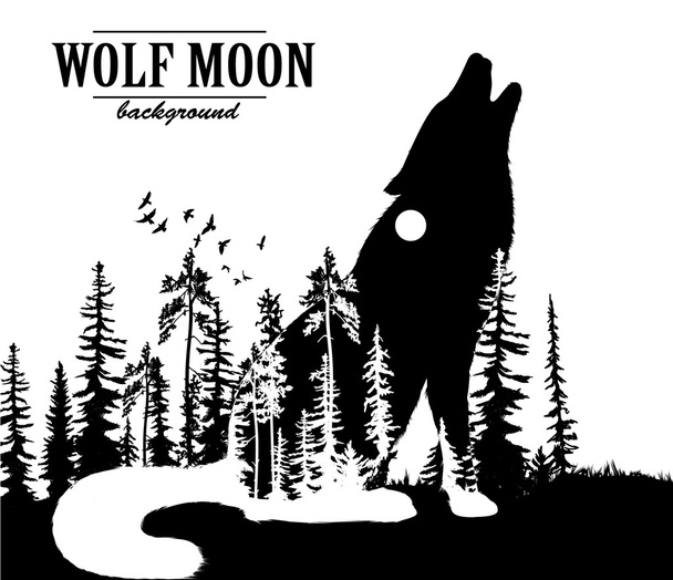 Howling wolf double exposure illustration - Vector, Image
