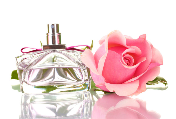 Perfume bottle and pink rose isolated on white - 写真・画像