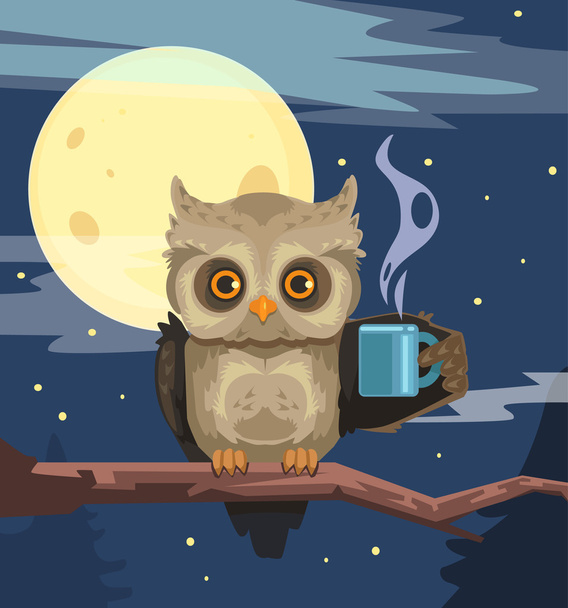 Owl with cup of coffee. Vector flat cartoon illustration - Vector, Image