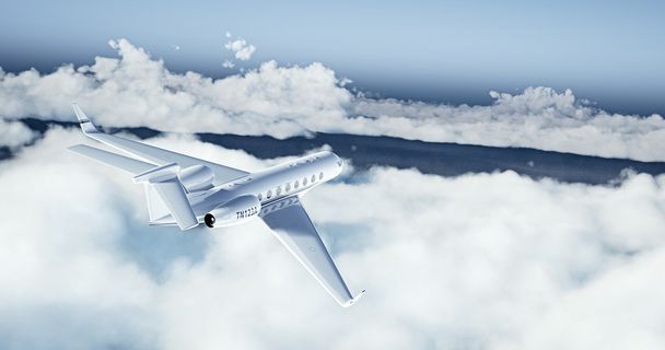 Beyaz Lüks jenerik tasarım özel uçak dünya üzerinde uçan Gerçekçi resim. Arka planda beyaz bulutlar ile boş mavi gökyüzü. İş Seyahati Konsepti. Yatay. 3d render - Fotoğraf, Görsel