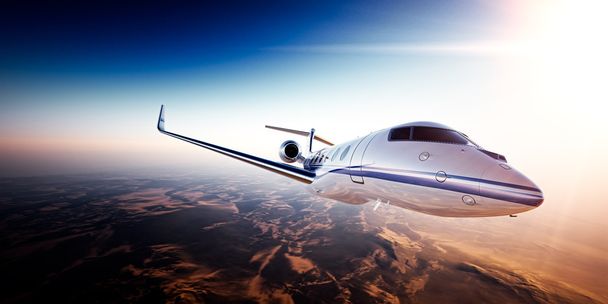 Реалистичная фотография Белого общего дизайна частного самолета, летящего над горами. Пустое голубое небо и солнце на заднем плане. 3d-рендеринг
 - Фото, изображение